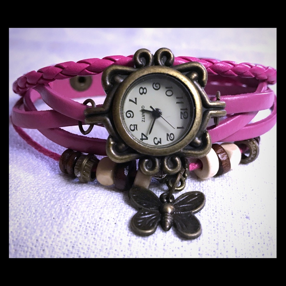 Butterfly charm watch Hot Pink